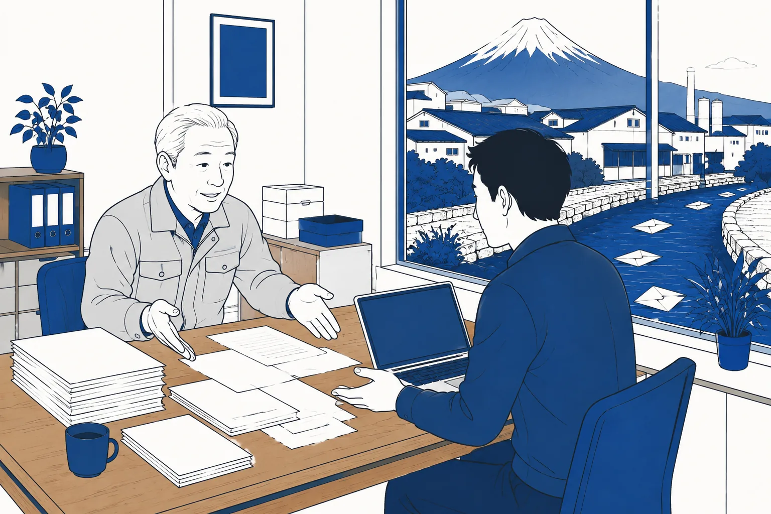 町工場の事務所で、経営者が机に広げた書類を示し、支援者がノートパソコンを開いて相談に応じる様子のイメージイラスト