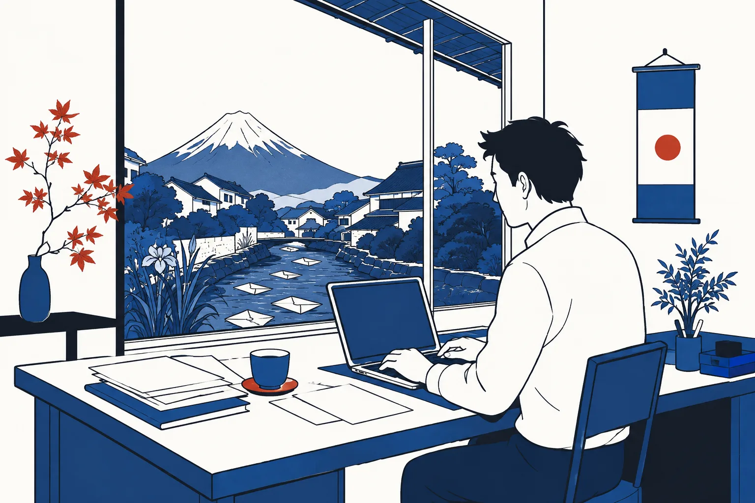 富士山と湧き水の水路が見える三島の仕事場で、机に向かって働く様子のイメージイラスト