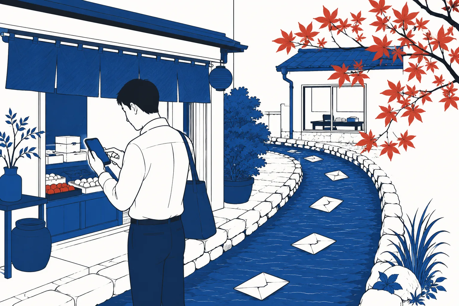 店先でお客がスマホ入力し、水路を封筒が流れて奥の仕事場へ届く様子のイメージイラスト