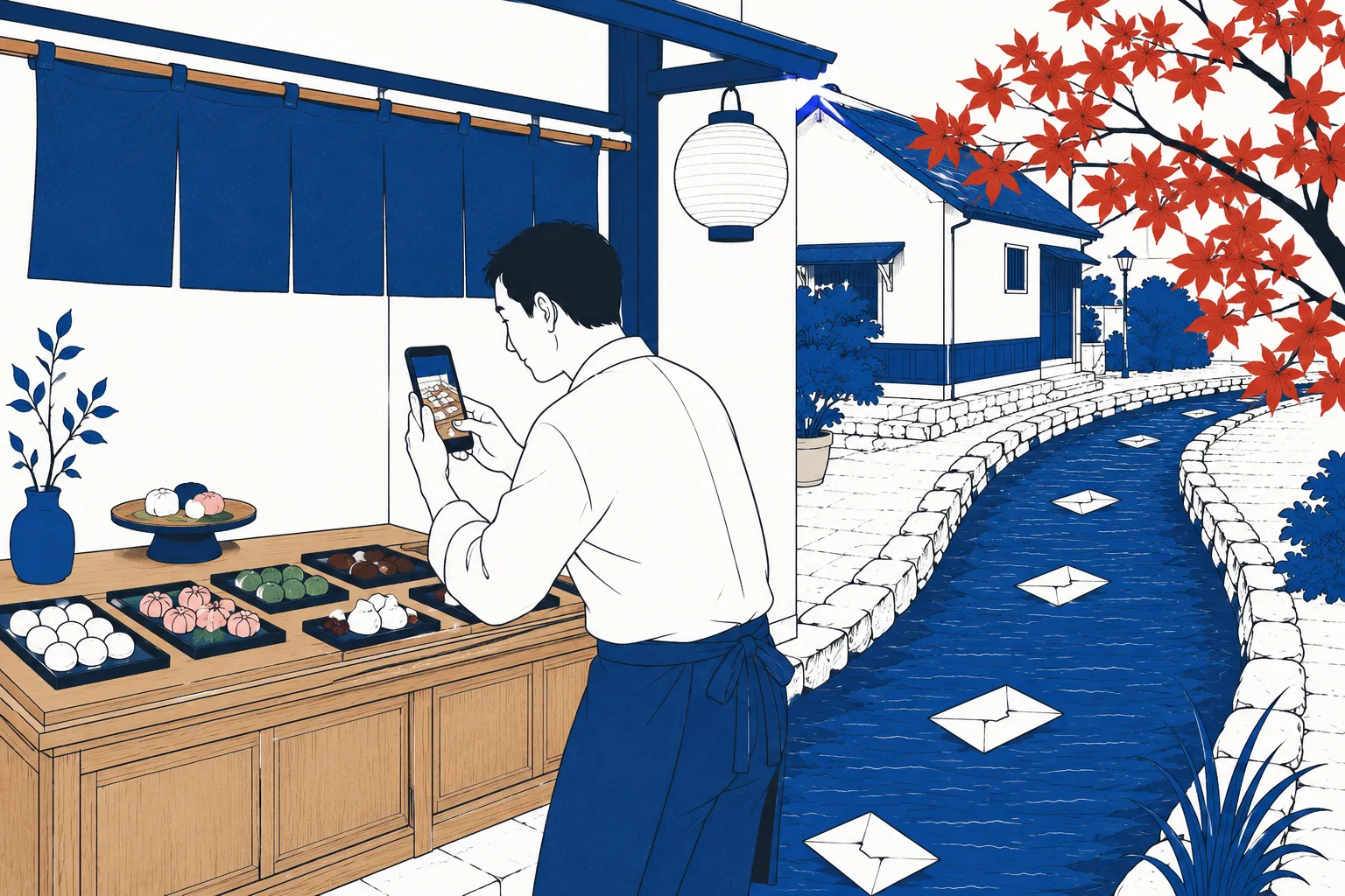 店主が店先でスマホを縦に構えて商品を動画撮影し、脇の水路を封筒が店の奥へ流れていく様子のイメージイラスト