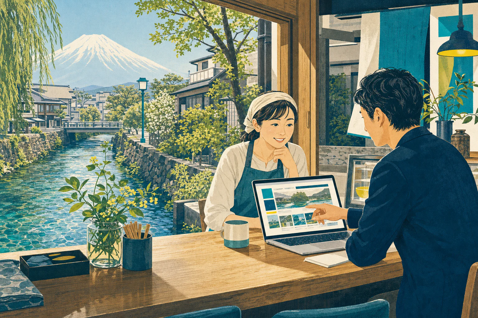 三島の地域事業者とデジタル活用について話す様子のイメージイラスト